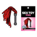 Red and gray flogger-shaped enamel lapel pin displayed on a black and pink backing card labeled Sex Toy Pins.