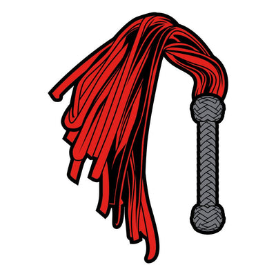 Enamel pin featuring a stylized red flogger with a gray braided handle accessory design.