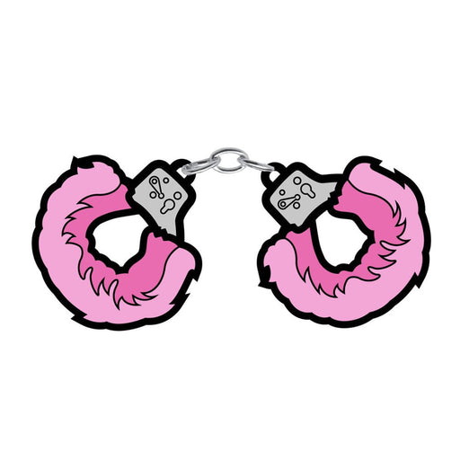 Pink fuzzy handcuffs enamel pin with silver chain detail on white background