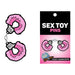 Pink fuzzy handcuff enamel pin with silver chain on product card labeled Sex Toy Pins by Wood Rocket.