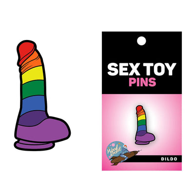 Rainbow-striped dildo enamel pin with packaging card labeled Sex Toy Pins by Wood Rocket