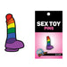 Rainbow-striped dildo enamel pin with packaging card labeled Sex Toy Pins by Wood Rocket