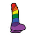 Illustration of a rainbow-striped dildo with a suction base on a white background.