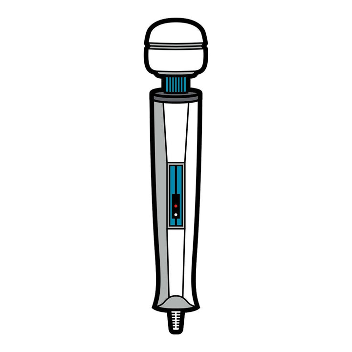 Illustration of a silver wand massager with a rounded head and blue accents on a white background.
