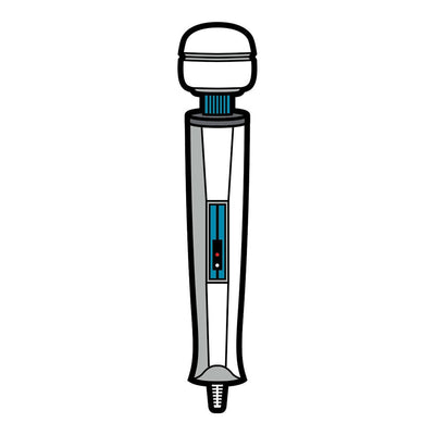 Illustration of a silver wand massager with a rounded head and blue accents on a white background.