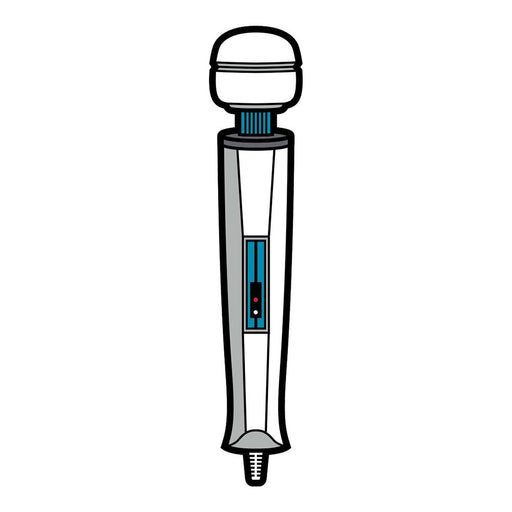 Illustration of a silver wand massager with a rounded head and blue accents on a white background.