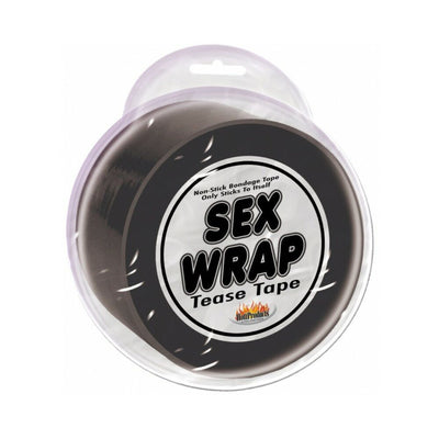Black non-sticky bondage tape roll in clear plastic packaging labeled Sex Wrap Tease Tape.
