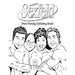 Black and white line art cover of Sexfeld Porn Parody Coloring Book featuring four smiling characters in a playful group pose.