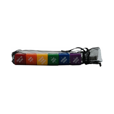 Set of six colorful dice in rainbow colors with playful text, packaged in a black mesh drawstring bag.