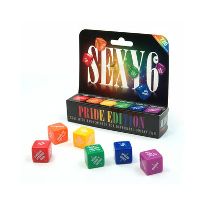 Sexy 6 Pride Edition dice game with six colorful dice and rainbow-themed packaging for playful intimacy.