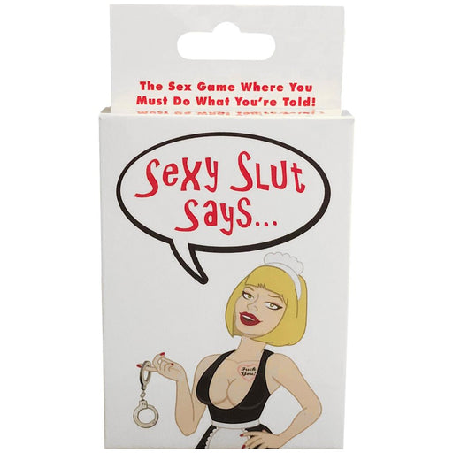 Box of Sexy Slut Says card game featuring a cartoon woman in a maid outfit holding handcuffs and a speech bubble with the game title.