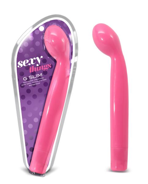 Pink G-spot stimulator with curved tip, shown in and out of purple polka dot packaging labeled Sexy Things G Slim.