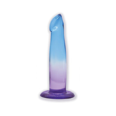 Blue to purple ombré G-spot toy with a curved tip and suction cup base, smooth translucent finish.