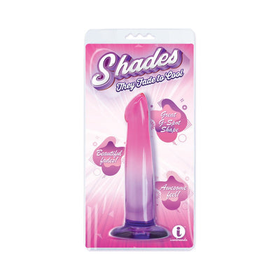 Shades 6.25-inch G-Spot toy in pink to purple ombré with suction base in retail packaging.