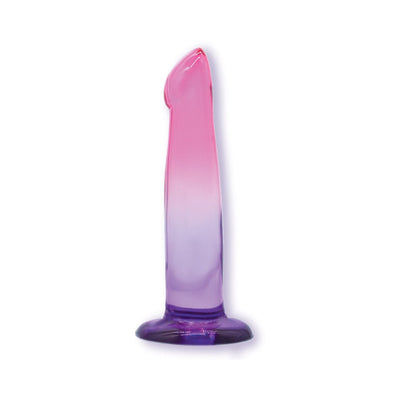 Translucent pink to purple ombré G-spot shaped adult toy with a firm suction cup base.