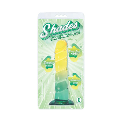 Yellow to mint swirl textured 7.5-inch flexible TPR toy with suction base in retail packaging.
