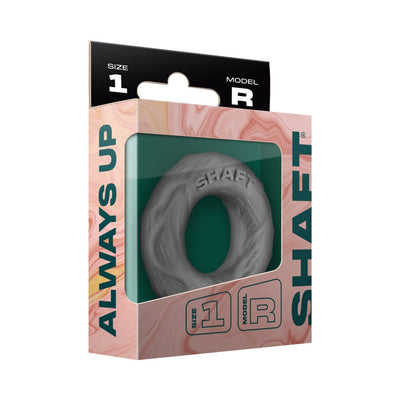 Small Shaft Model R C-ring in gray silicone displayed in pink and green packaging with size and model details.
