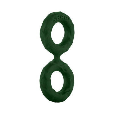 Dark green double C-ring made of flexible silicone with textured surface and embossed brand name.