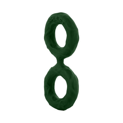 Small double loop flexible silicone ring in dark green with textured surface and embossed brand name.