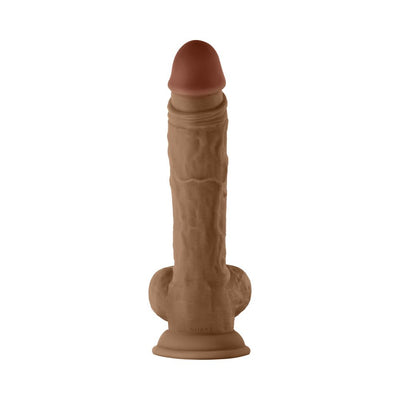 Realistic brown liquid silicone dildo with suction cup base and detailed texture including balls.