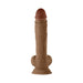 Realistic brown liquid silicone dildo with suction cup base and detailed texture including balls.