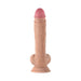 Realistic 10.5-inch liquid silicone dildo with detailed texture, balls, and suction cup base in natural skin tone.