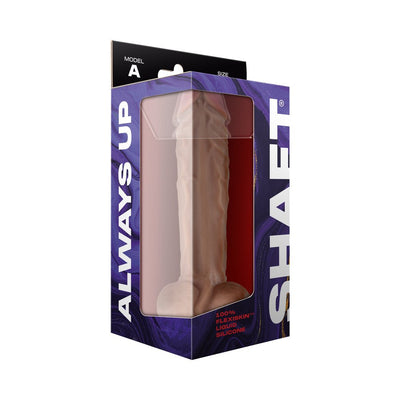 Model A 10.5-inch realistic liquid silicone dildo with balls in purple and black retail packaging.