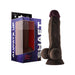 Realistic dark brown silicone dildo with balls and suction cup, next to purple and black packaging labeled SHAFT Model A.