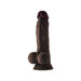 Realistic dark brown silicone dildo with balls and suction cup base, 7.5 inches long, detailed texture and purple tip.