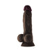 Realistic dark brown liquid silicone dildo with balls and suction cup base, 7.5 inches long.