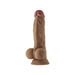 Realistic 7.5-inch flesh-tone silicone dildo with balls and suction cup base for hands-free use.