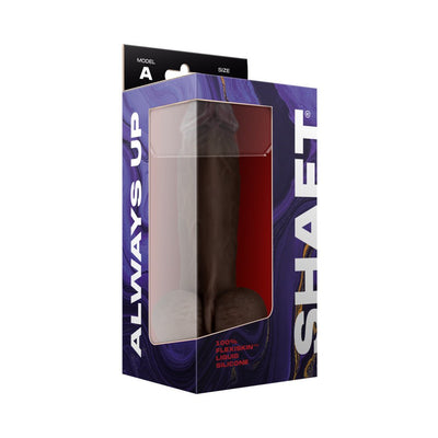 Packaged Shaft Model A liquid silicone dildo with balls in mahogany color, displayed in a purple and black box with clear window.