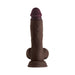 Mahogany-colored realistic silicone dildo with balls and suction base, 8.5 inches tall, upright on white background.