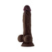 Realistic 8.5-inch mahogany liquid silicone dildo with balls and suction cup base for hands-free use.