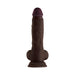 Realistic dark brown liquid silicone dildo with balls and suction cup base, 9.5 inches long.