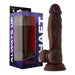 Realistic dark brown silicone dildo with balls and suction base next to purple ALWAYS UP branded packaging.