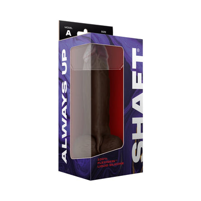 Model A liquid silicone dildo with balls in dark color, packaged in a purple box with clear window and branding.