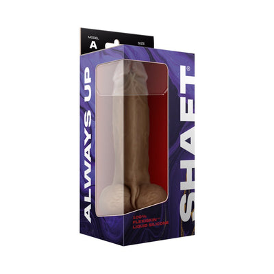 Packaged Shaft Model A liquid silicone dildo with balls, 9.5 inches, in a purple and black box with clear window.