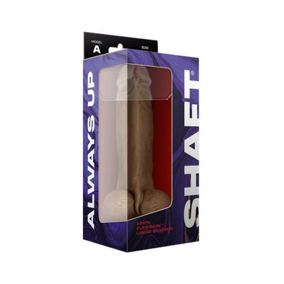 Packaged Shaft Model A liquid silicone dildo with balls, displayed in a purple box with clear window and bold white text.