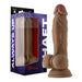 Realistic 9.5-inch liquid silicone dildo with balls and suction base, displayed next to its packaging box.