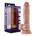 Realistic flesh-toned silicone dildo with balls and suction base next to purple packaging labeled Always Up Model A