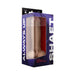 Shaft Model A liquid silicone dildo with balls in realistic skin tone, displayed in purple and black packaging with clear window.