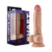 Realistic 8.5 inch liquid silicone dildo with balls and suction base, displayed next to its packaging box.