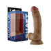 Realistic oak-colored dual density silicone dildo with balls and suction cup next to blue packaging box.