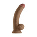 Realistic dual density silicone dildo in oak color with downward curve, balls, and suction cup base.