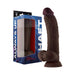Mahogany-colored realistic silicone dildo with balls and suction cup, next to blue and white packaging box.