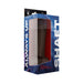 Shaft Model C liquid silicone dildo with balls in mahogany color displayed in blue and red packaging with clear window.