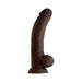 Mahogany-colored realistic curved silicone dildo with balls and suction cup base, 9.5 inches long.