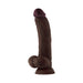 Realistic mahogany liquid silicone dildo with balls and suction cup base, 9.5 inches long, downward curved shape.