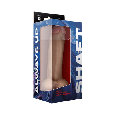 Model C liquid silicone dildo with balls in pine color, displayed in blue packaging with clear window and bold white text.